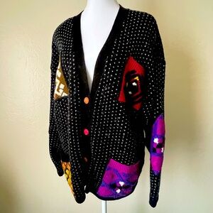 Western Connection Blk/Wht Patch Sweater Cardigan SZ L PREOWNED VINTAGE (B1)